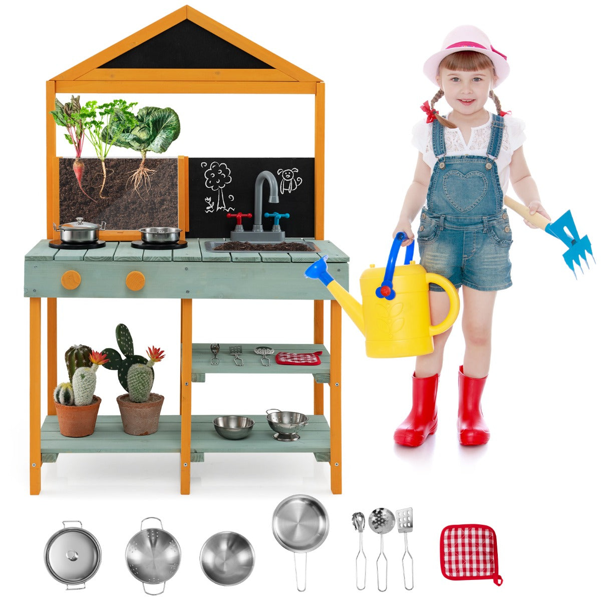 Set da cucina per bambini con vaso trasparente per osservare le radici, Cucina da giardino con rubinetto girevole-Cucine giocattoli