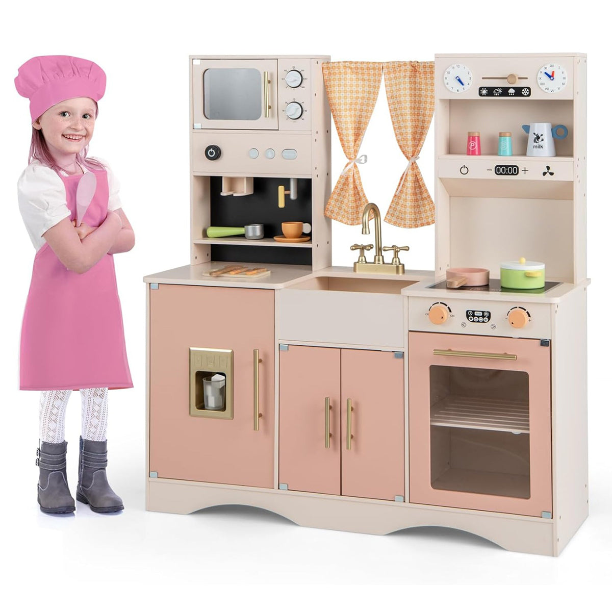 Set da cucina per bambini con microonde macchina del caff¨¨, Cucina giocattolo in legno per piccoli chef 3+ anni Rosa-Cucine giocattoli