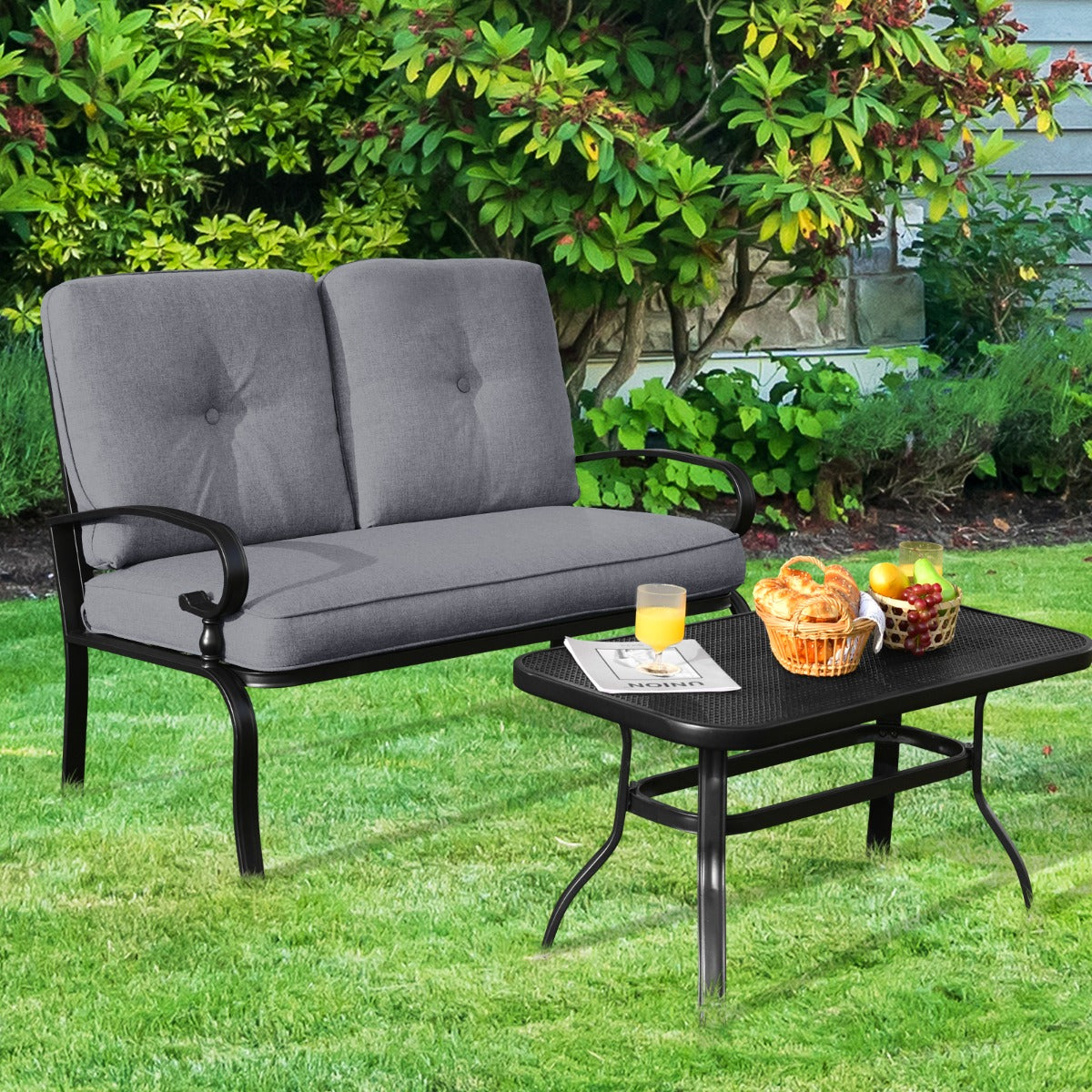 Set da giardino 2 pezzi con cuscini imbottiti, Panchina da esterno a 2 posti e tavolino da balcone Grigio scuro-Set mobili da esterno
