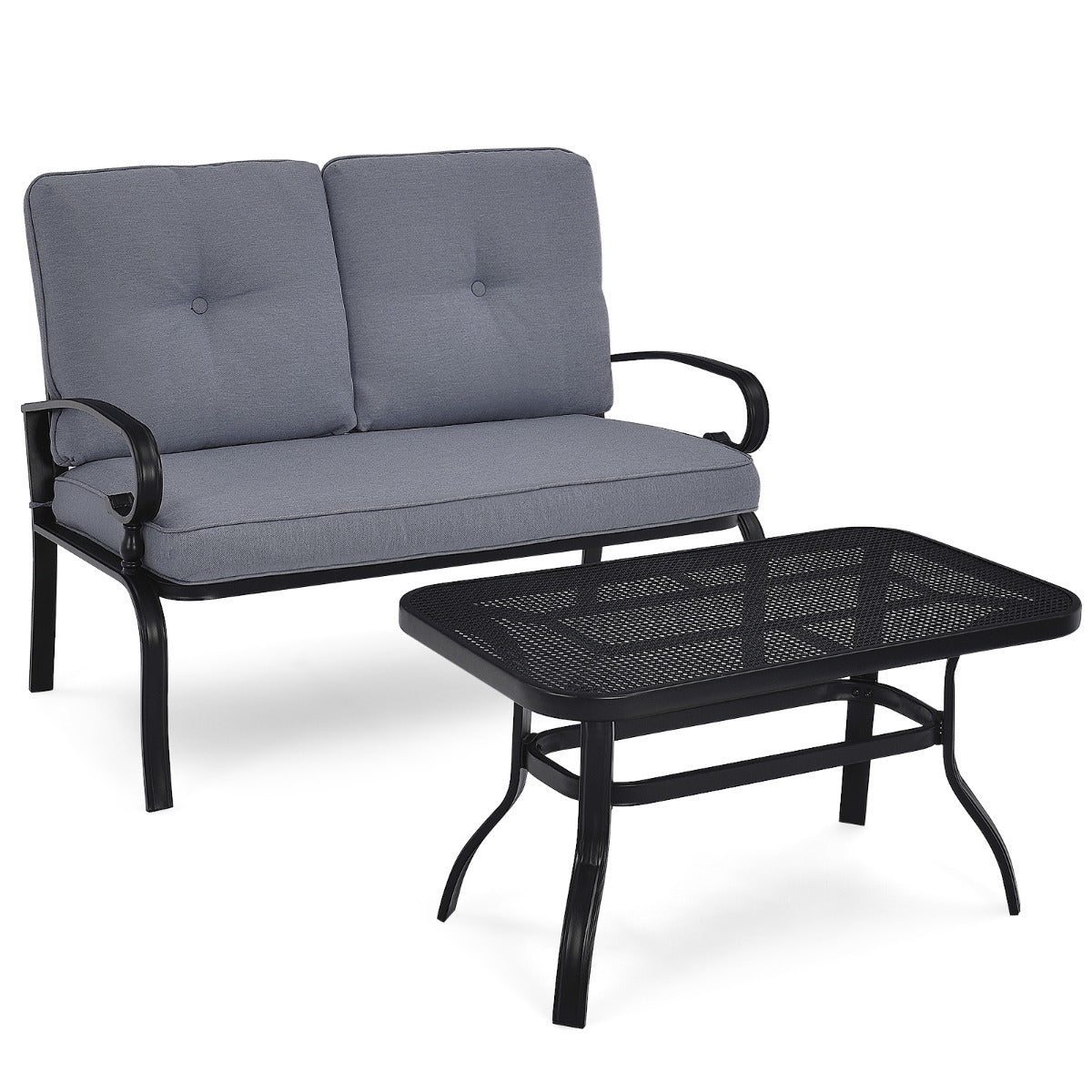 Set da giardino 2 pezzi con cuscini imbottiti, Panchina da esterno a 2 posti e tavolino da balcone Grigio scuro-Set mobili da esterno