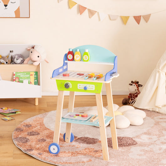 Set da gioco barbecue finto per bambini, Set da barbecue giocattolo con utensili da grigliata in legno47x30x81cm-Cucine giocattoli