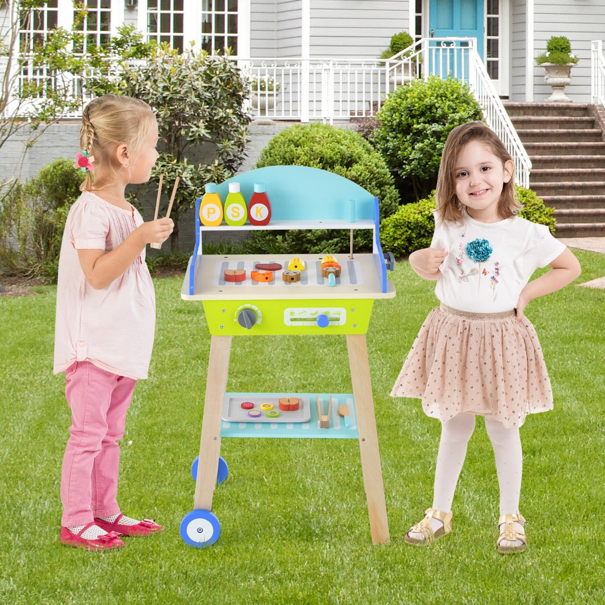 Set da gioco barbecue finto per bambini, Set da barbecue giocattolo con utensili da grigliata in legno47x30x81cm-Cucine giocattoli