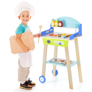 Set da gioco barbecue finto per bambini, Set da barbecue giocattolo con utensili da grigliata in legno47x30x81cm-Cucine giocattoli