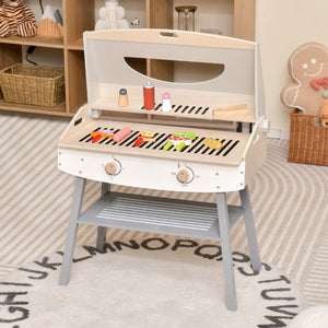 Set da gioco per barbecue da bambini, Set da cucina in legno con pinza 4 spiedini per BBQ 9 cibi finti 65x37x82cm-Cucine giocattoli