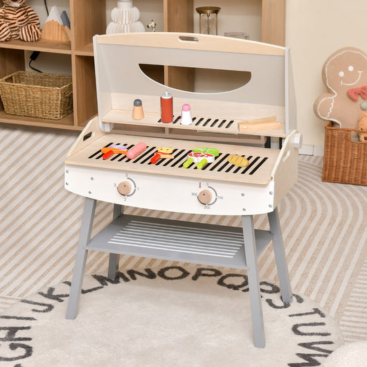 Set da gioco per barbecue da bambini, Set da cucina in legno con pinza 4 spiedini per BBQ 9 cibi finti 65x37x82cm-Cucine giocattoli