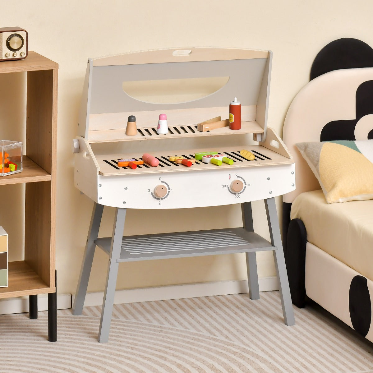 Set da gioco per barbecue da bambini, Set da cucina in legno con pinza 4 spiedini per BBQ 9 cibi finti 65x37x82cm-Cucine giocattoli