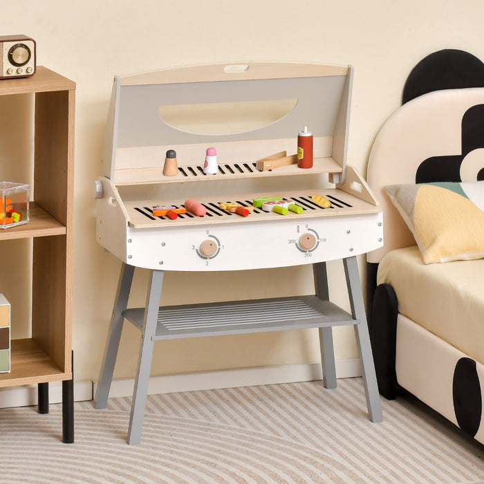 Set da gioco per barbecue da bambini, Set da cucina in legno con pinza 4 spiedini per BBQ 9 cibi finti 65x37x82cm-Cucine giocattoli