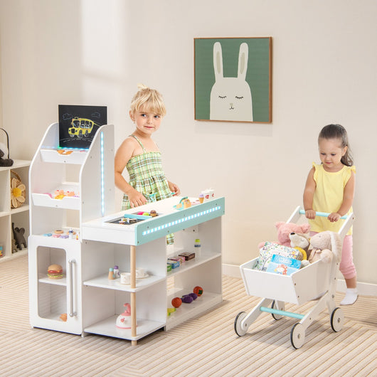 Set da supermercato in legno per bambini, Gioco di finta spesa con registratore di cassa carrello della spesa Bianco-Case e cucine giocattoli