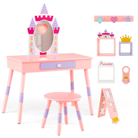 Set da toletta per bambini con specchio cassetto e piano rimovibile, Tavolo da trucco e sgabello in legno Rosa-Toelette per bimbi