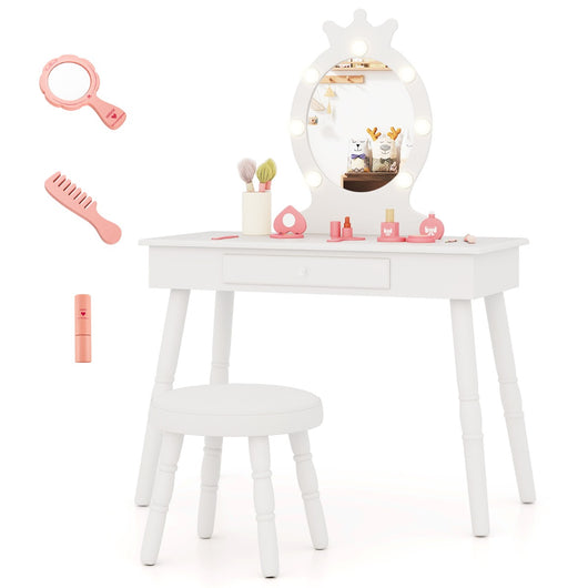 Set da trucco per bambini con specchio illuminato, Set di trucco per principesse con tavolo e sedia regolabili Bianco-Toelette per bimbi