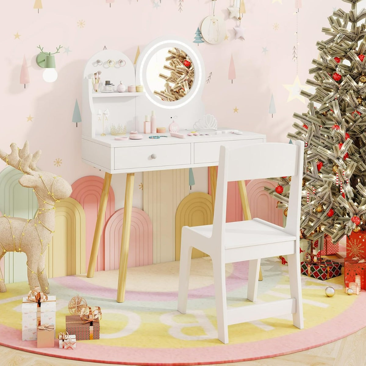 Set da trucco per bambini con specchio illuminato-Set da Tavolino e sedia da principessa con ripiano aperto Bianco