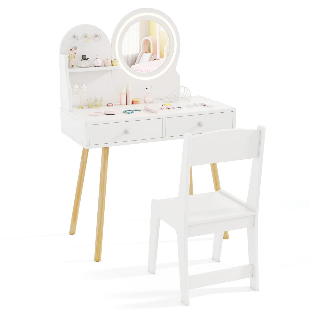 Set da trucco per bambini con specchio illuminato-Set da Tavolino e sedia da principessa con ripiano aperto Bianco