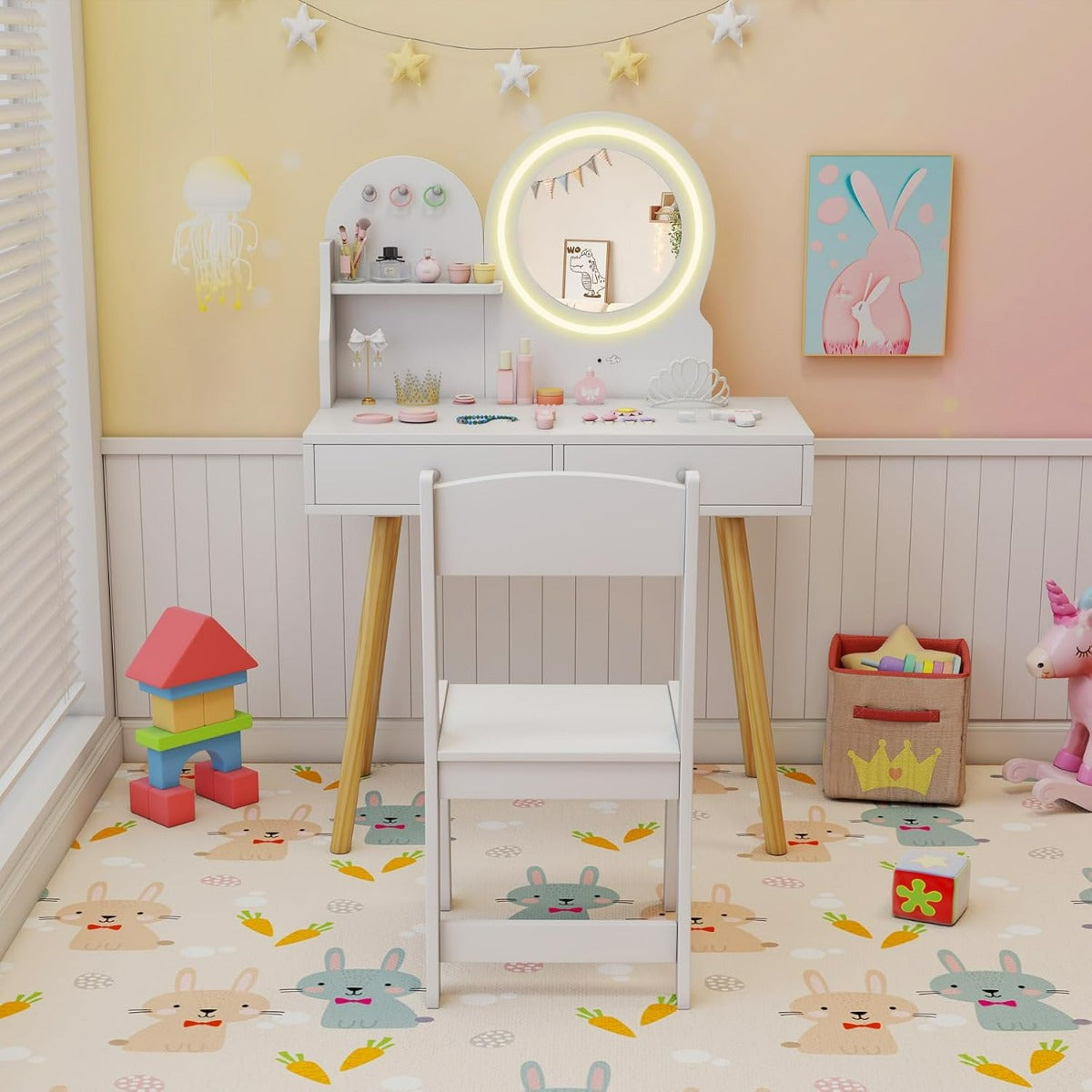 Set da trucco per bambini con specchio illuminato-Set da Tavolino e sedia da principessa con ripiano aperto Bianco