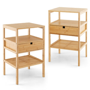 Set di 2 comodini multiuso in bamb¨´ con cassetto portaoggetti e scaffale a doghe-Tavolini moderno a 3 livelli Naturale