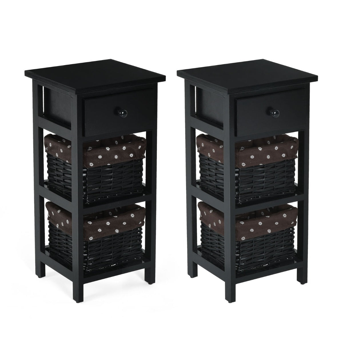 Set di 2 comodini di legno con 3 livelli-Tavolini moderni con 1 cassetto e 2 cesti Nero