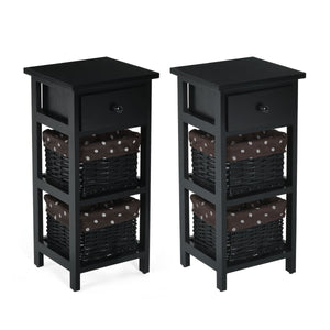 Set di 2 comodini di legno con 3 livelli-Tavolini moderni con 1 cassetto e 2 cesti Nero