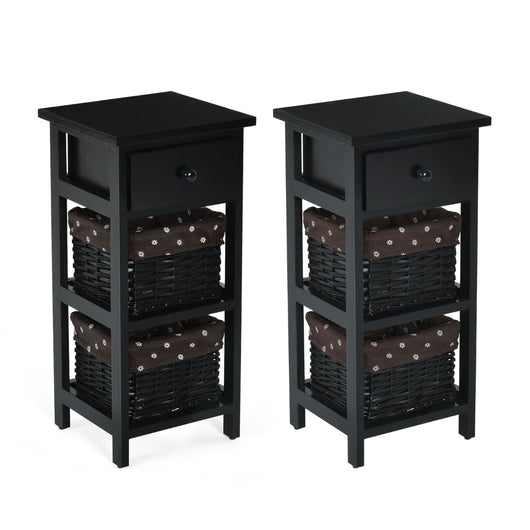 Set di 2 comodini di legno con 3 livelli-Tavolini moderni con 1 cassetto e 2 cesti Nero