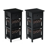 Set di 2 comodini di legno con 3 livelli, Tavolini moderni con 1 cassetto e 2 cesti Nero-Comodini