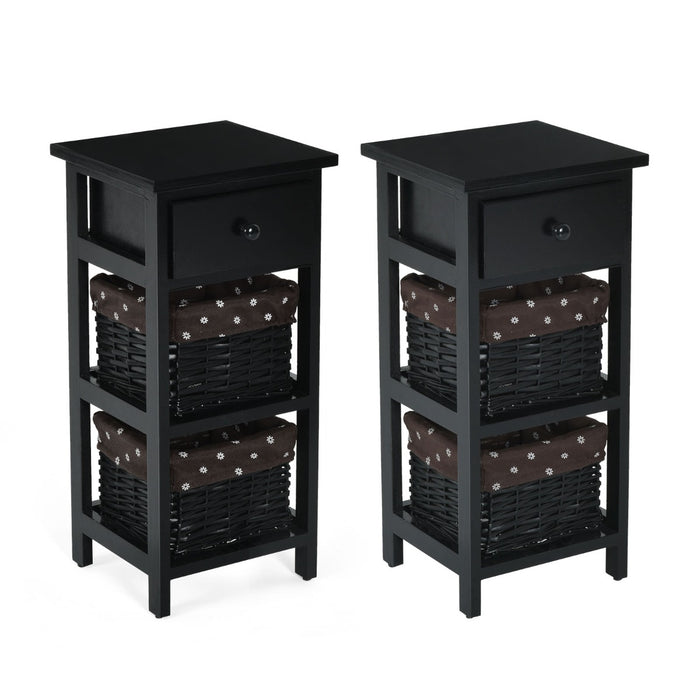 Set di 2 comodini di legno con 3 livelli, Tavolini moderni con 1 cassetto e 2 cesti Nero-Comodini