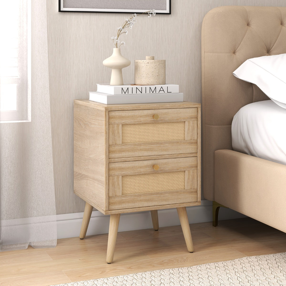 Set di 2 comodini in rattan con 2 cassetti gambe in legno massello-2 Tavolini comodini Boho Naturale