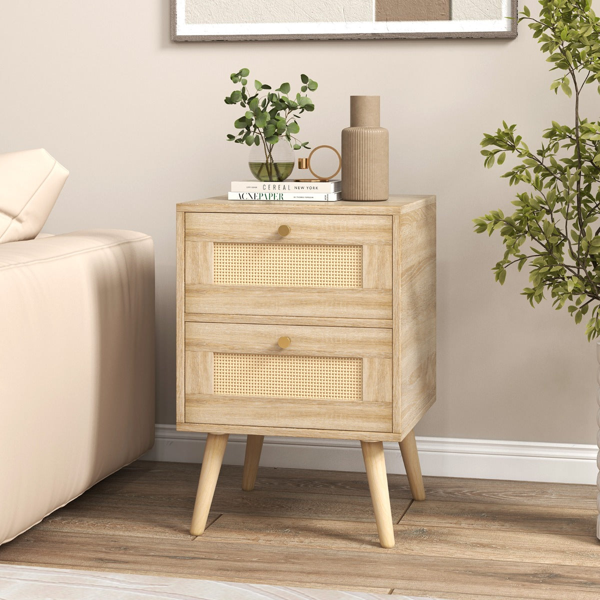 Set di 2 comodini in rattan con 2 cassetti gambe in legno massello-2 Tavolini comodini Boho Naturale
