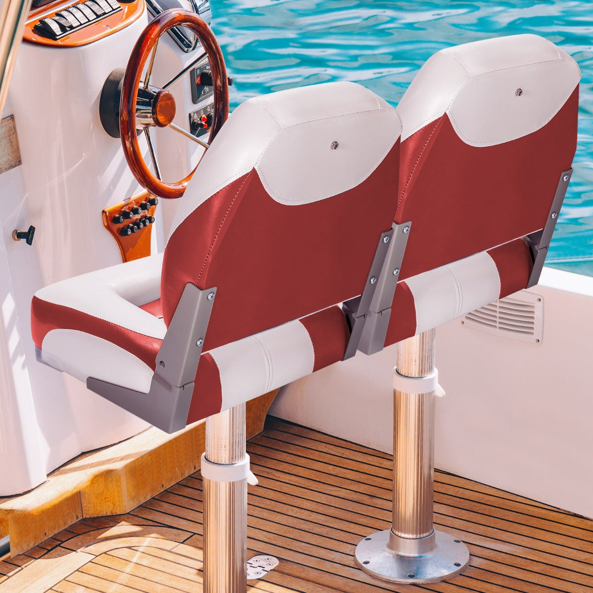 Set di 2 sedie pieghevoli con schienale basso per barca, Sedile yacht ergonomici con schiuma spessa Bianco e rosso-Sport acquatici