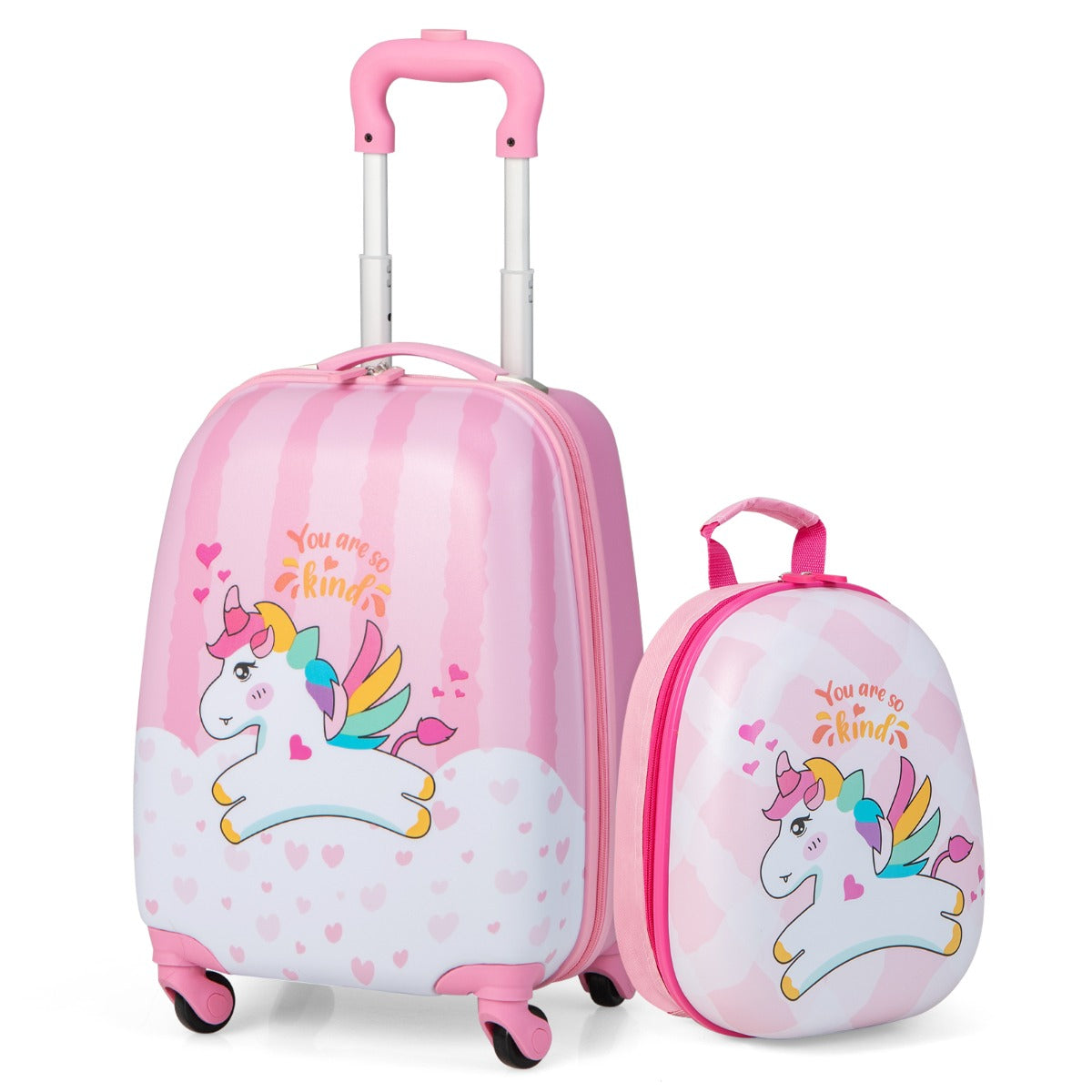 Set di 2 valigette per bambini da viaggio con ruote girevole 360¡ã, Trolley bimbo e zaino Binaco e rosa-Bagagli e borse