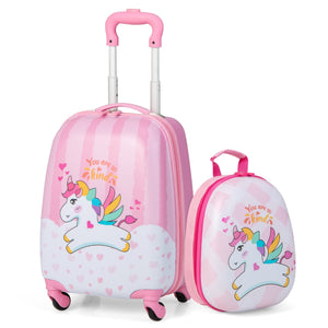 Set di 2 valigette per bambini da viaggio con ruote girevole 360¡ã, Trolley bimbo e zaino Binaco e rosa-Bagagli e borse