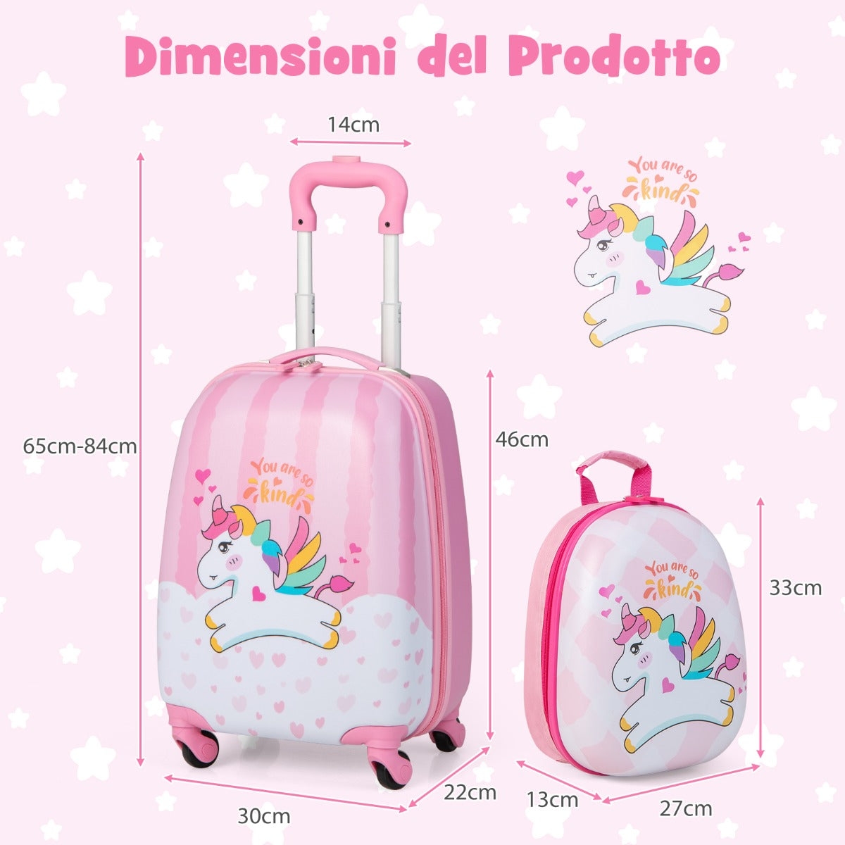 Set di 2 valigette per bambini da viaggio con ruote girevole 360¡ã, Trolley bimbo e zaino Binaco e rosa-Bagagli e borse