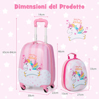 Set di 2 valigette per bambini da viaggio con ruote girevole 360¡ã, Trolley bimbo e zaino Binaco e rosa-Bagagli e borse
