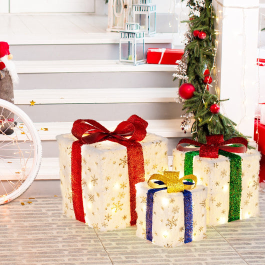 Set di 3 scatole regalo illuminate per Natale, Decorazione natalizia pre-illuminata con 48 luci calde e luminose-Decorazioni natalizie