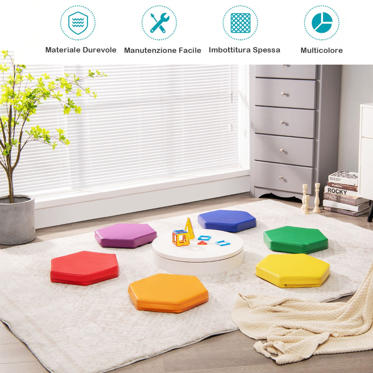 Set di 6 cuscini esagonali morbidi con maniglie per bambini, Sedili portatili e flessibili per scuola Arcobaleno-Tappetini da gioco