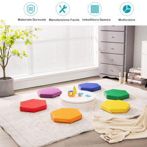Set di 6 cuscini esagonali morbidi con maniglie per bambini, Sedili portatili e flessibili per scuola Arcobaleno-Tappetini da gioco