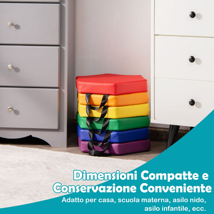 Set di 6 cuscini esagonali morbidi con maniglie per bambini, Sedili portatili e flessibili per scuola Arcobaleno-Tappetini da gioco