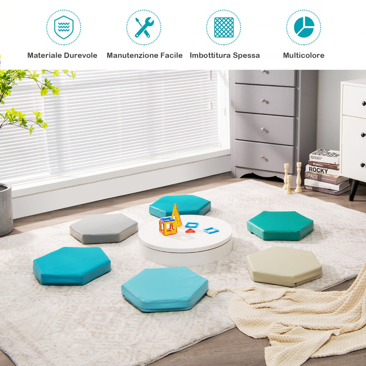 Set di 6 cuscini esagonali morbidi con maniglie per bambini, Sedili portatili e flessibili per scuola Morandi-Tappetini da gioco