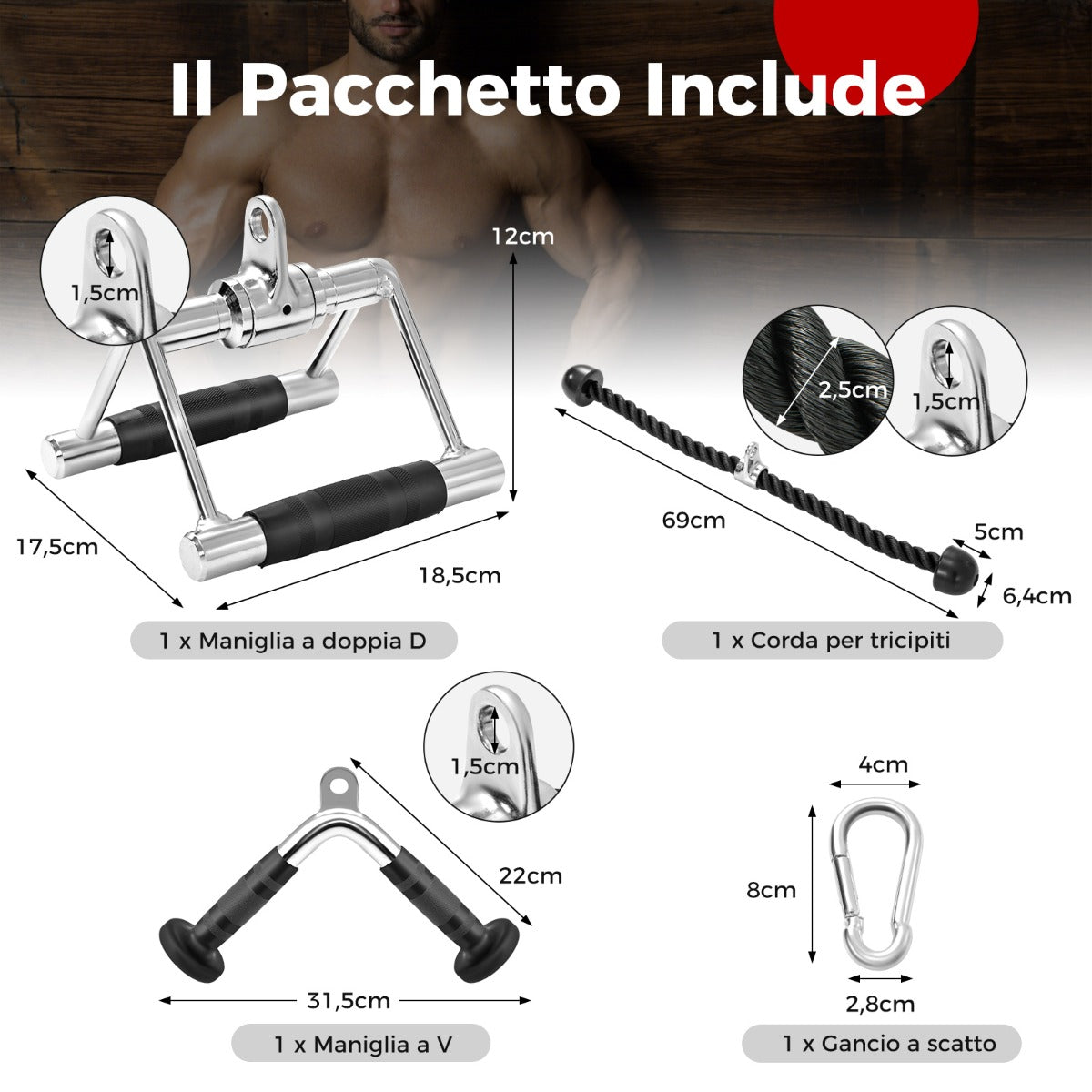 Set di accessori per macchine a cavi da 3 pezzi, Accessori per lat pulldowncon barra a V corda per tricipiti-Allenamento della forza