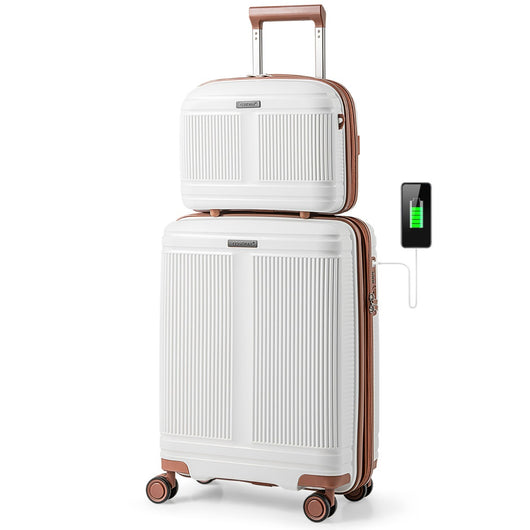 Set di bagagli da 2 pezzi con valigia da 20"e casetta da trucco da 14"-Bagaglio in materiale PP rigido leggero con porta USB Bianco