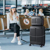 Set di bagagli da 2 pezzi con valigia da 20"e casetta da trucco da 14"-Bagaglio in materiale PP rigido leggero con porta USB Nero