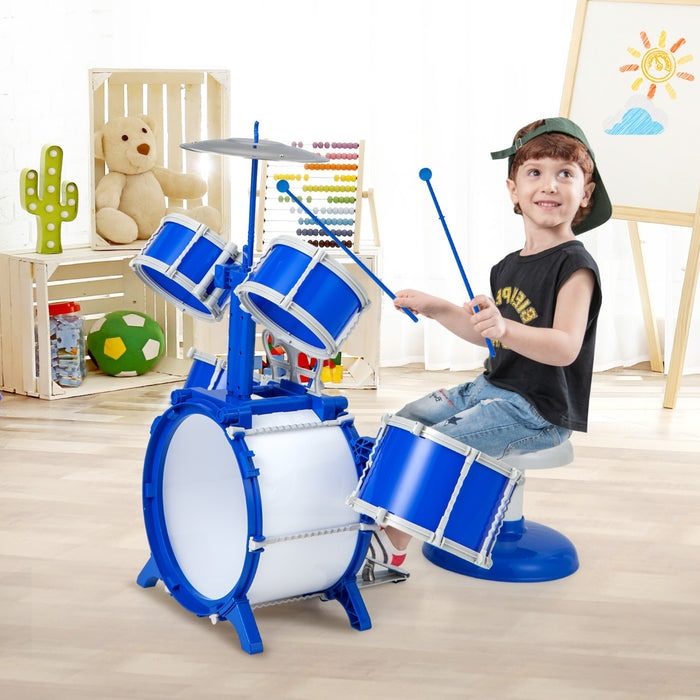 Set di batteria per bambini con cassa 2 tamburi medi 2 rullanti piatto bacchette e pedale, Kit di batteria jazz Blu-Batterie elettriche