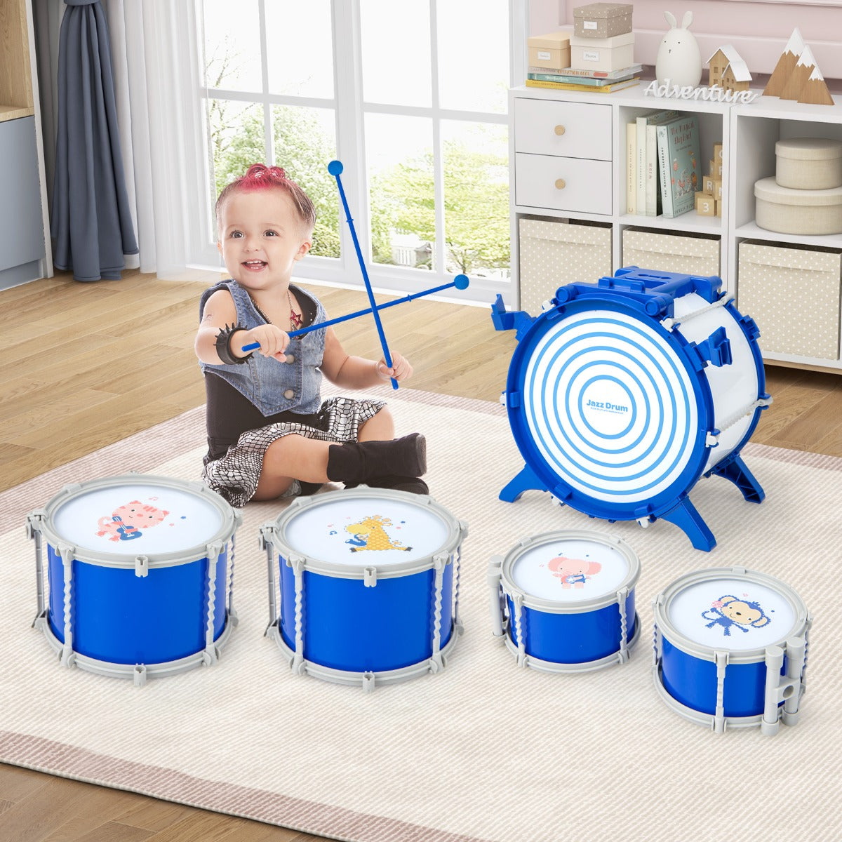 Set di batteria per bambini con cassa 2 tamburi medi 2 rullanti piatto bacchette e pedale, Kit di batteria jazz Blu-Batterie elettriche