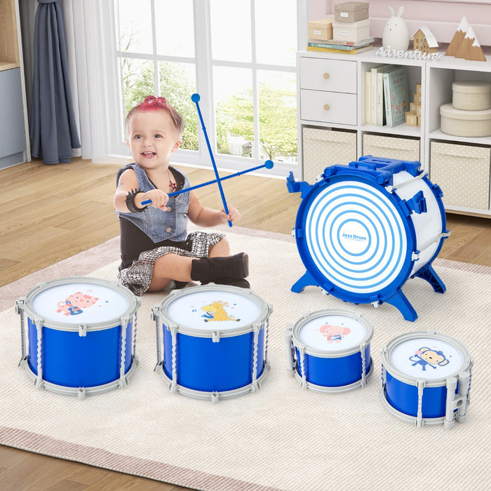 Set di batteria per bambini con cassa 2 tamburi medi 2 rullanti piatto bacchette e pedale, Kit di batteria jazz Blu-Batterie elettriche