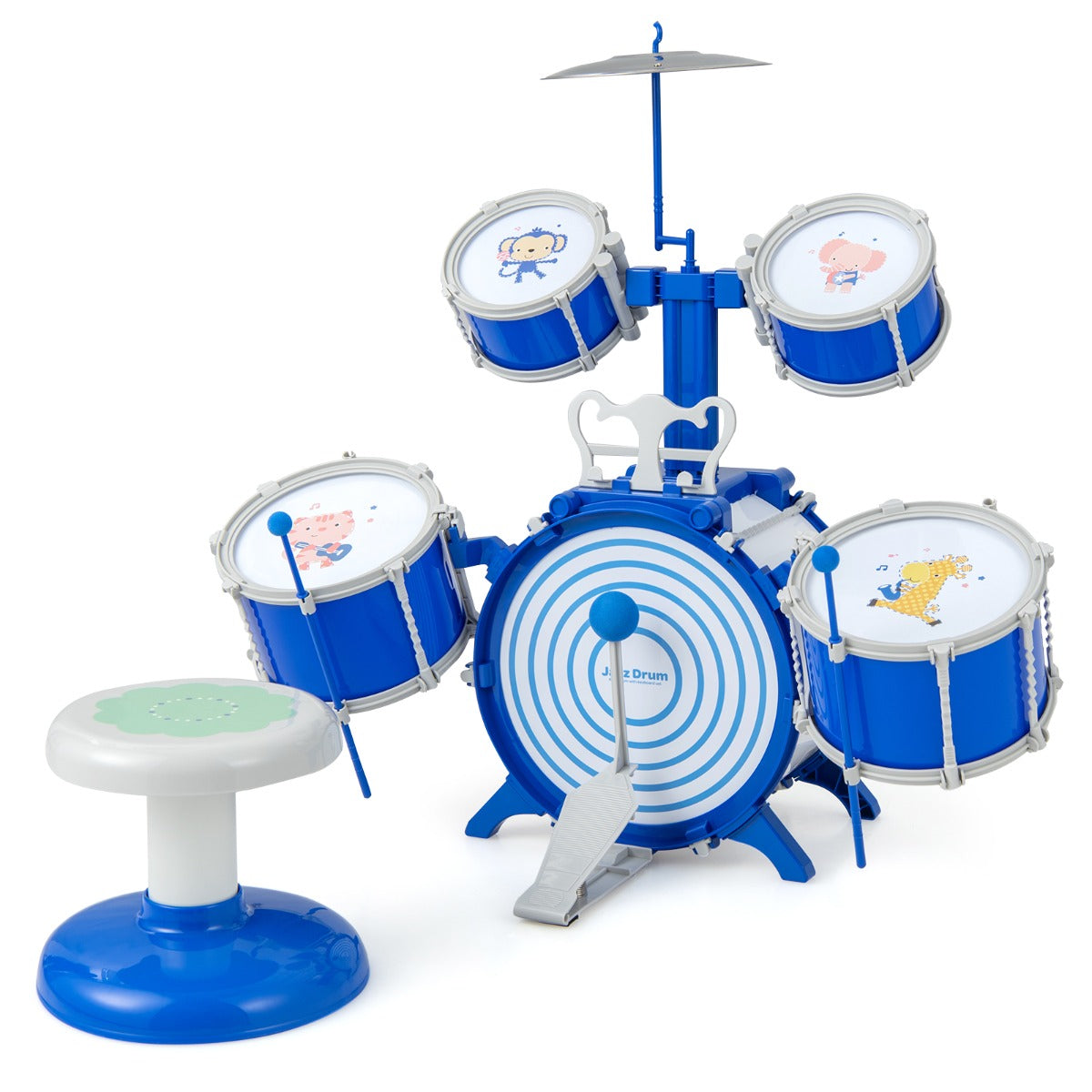 Set di batteria per bambini con cassa 2 tamburi medi 2 rullanti piatto bacchette e pedale, Kit di batteria jazz Blu-Batterie elettriche