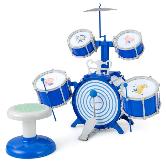 Set di batteria per bambini con cassa 2 tamburi medi 2 rullanti piatto bacchette e pedale, Kit di batteria jazz Blu-Batterie elettriche