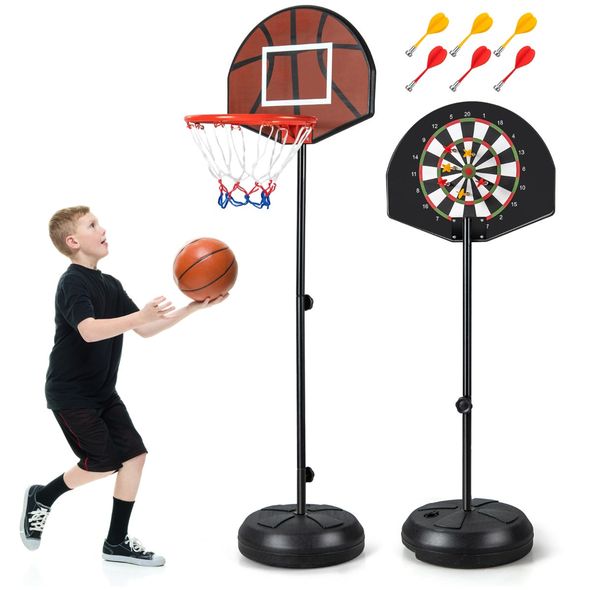 Set di canestro 2-in-1 con pannello doppio e 6 freccette, Canestro da basket per bambini regolabile in altezza-Ricreazione outdoor