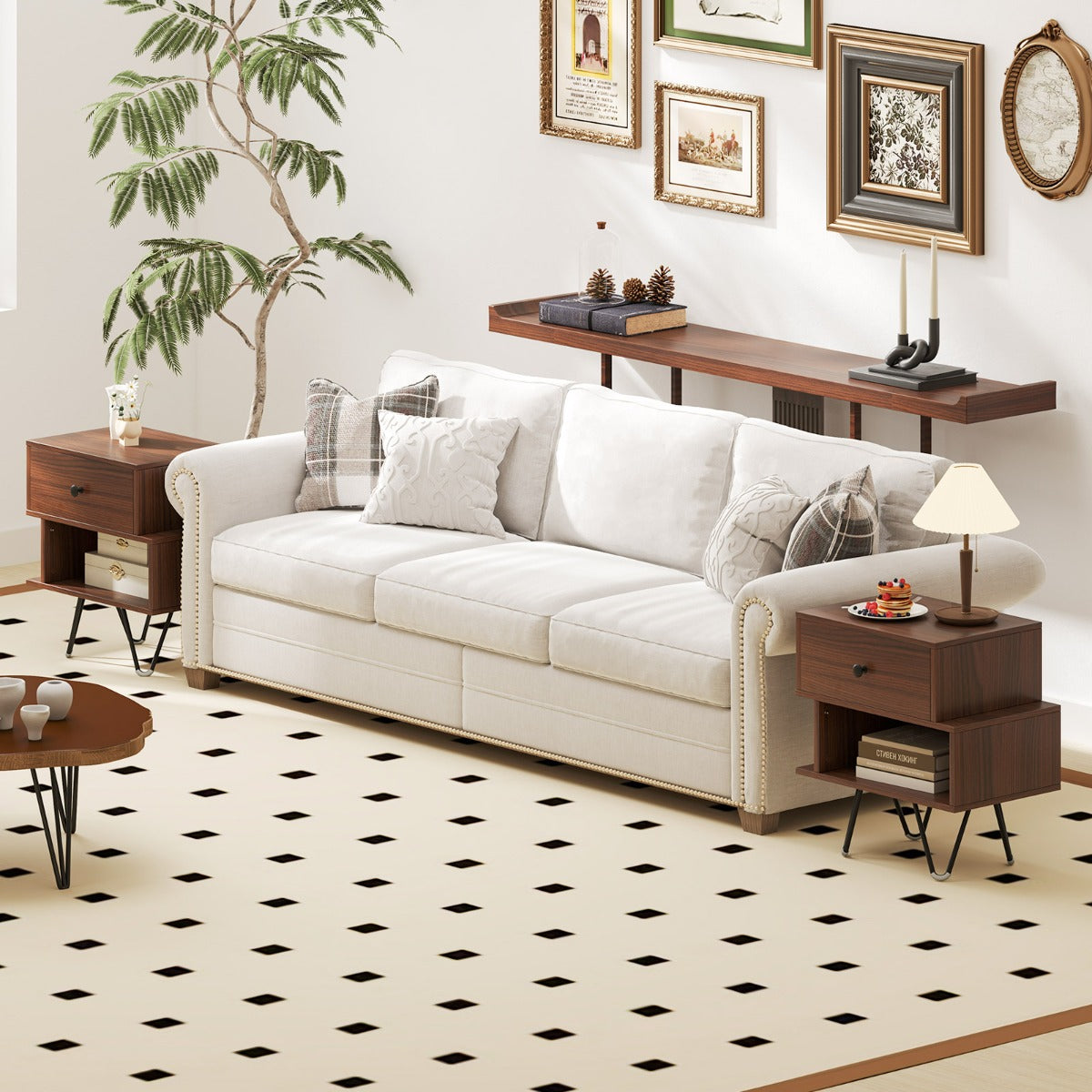 Set di comodini a 2 pezzi con cassetto rimovibile, Tavolini laterali con scomparto aperto e gambe in metallo Noce-Comodini