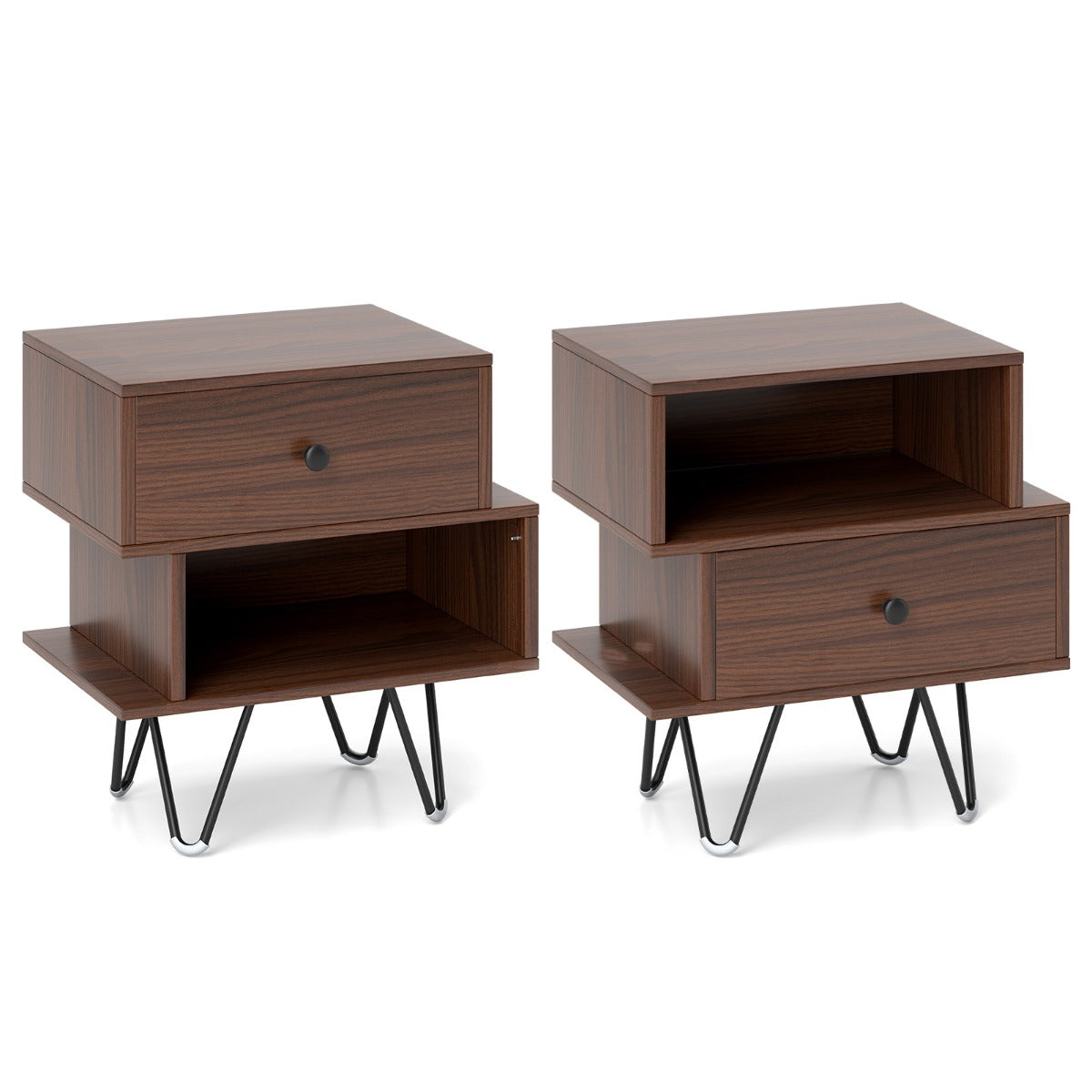 Set di comodini a 2 pezzi con cassetto rimovibile, Tavolini laterali con scomparto aperto e gambe in metallo Noce-Comodini