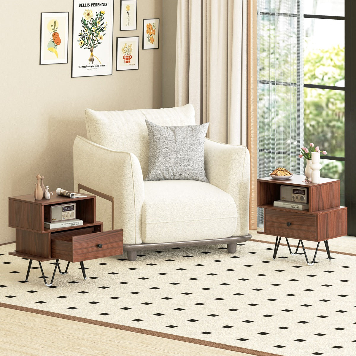 Set di comodini a 2 pezzi con cassetto rimovibile, Tavolini laterali con scomparto aperto e gambe in metallo Noce-Comodini