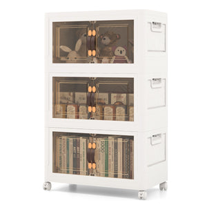 Set di contenitori impilabili con ruote bloccabili, Mobile in PP pieghevole con coperchi Bianco 44,5x30x77,5cm-Cassettiere