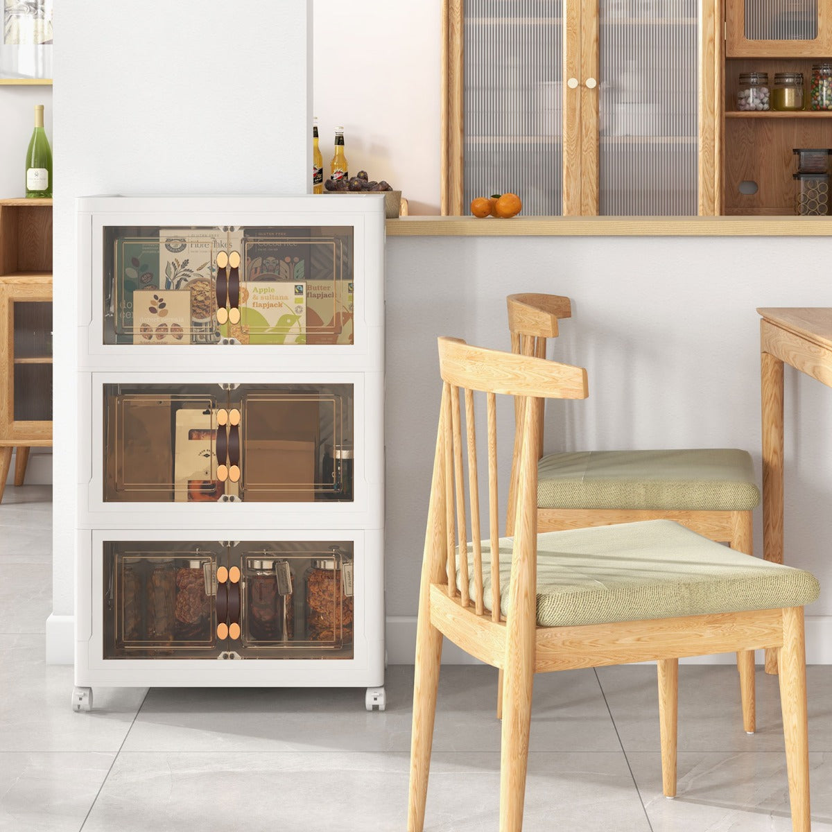 Set di contenitori impilabili con ruote bloccabili, Mobile in PP pieghevole con coperchi Bianco 49,5x31,5x86cm-Cassettiere