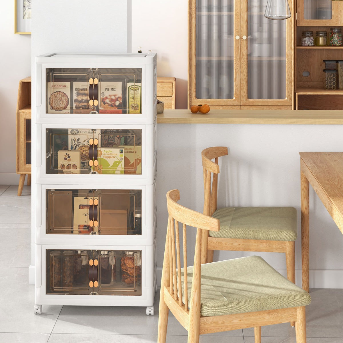 Set di contenitori impilabili con ruote bloccabili, Mobile in PP pieghevole con coperchi Bianco 49,5x31,5x112,5cm-Cassettiere